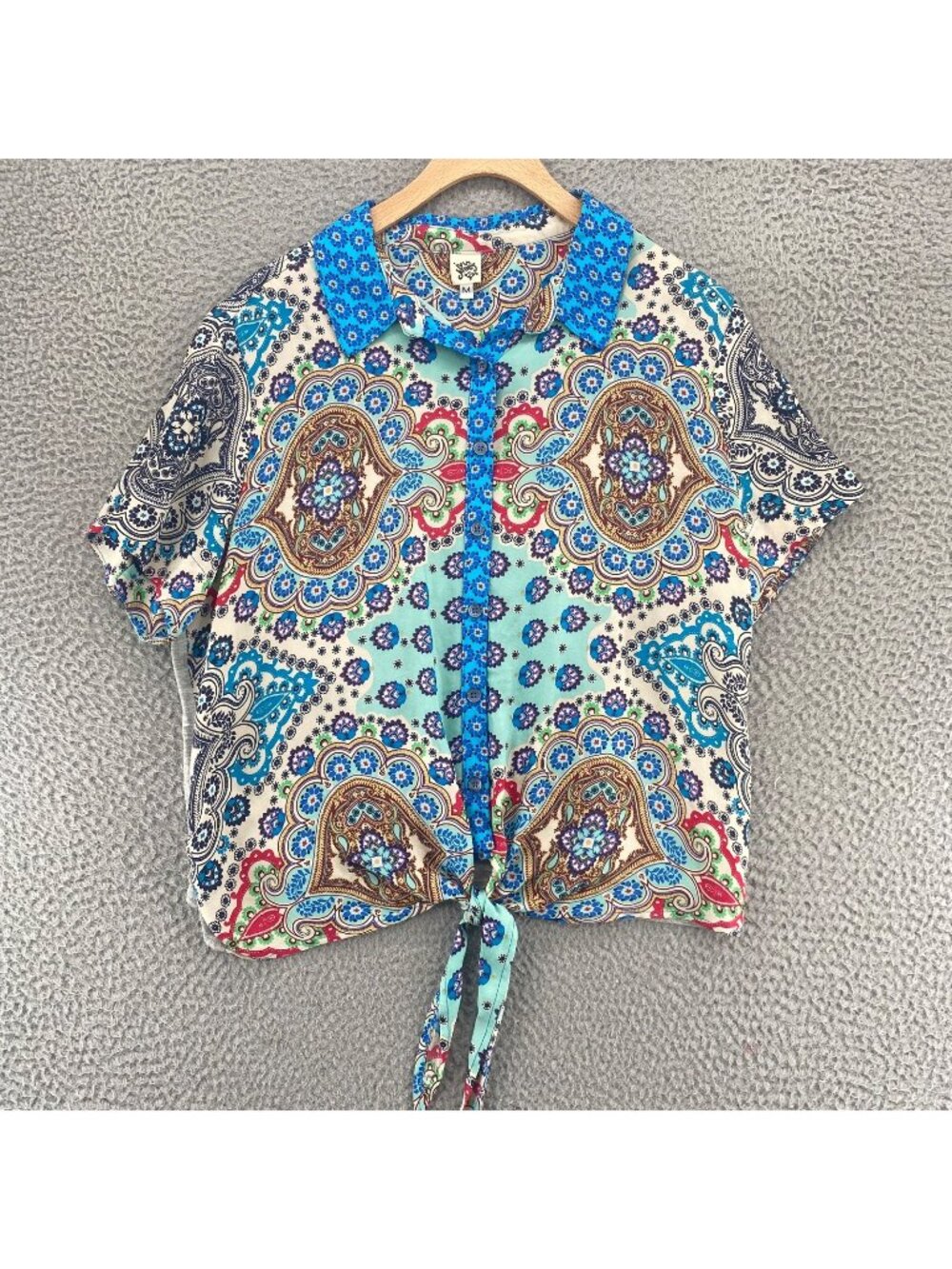 Ivy Jane Top Womens Medium Blue Multi Paisley Button Up Tie Collar Short Sleeve